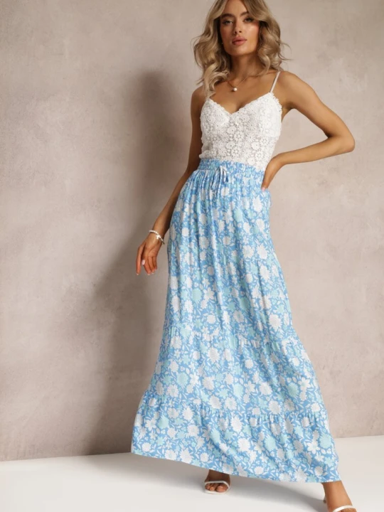 Zdjęcie produktu Niebieska Bawełniana Spódnica Maxi w Kwiaty Eile Rosa