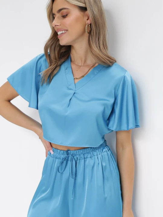 Zdjęcie produktu Niebieska Bluzka o Koszulowym Fasonie z Krótkimi Rękawami Movois Lily Rose