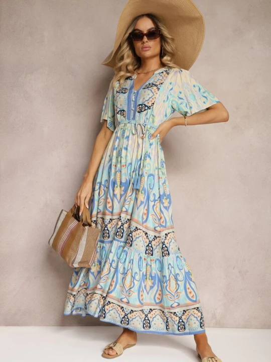 Zdjęcie produktu Niebieska Boho Sukienka z Wiskozy z Ozdobnymi Guzikami i Cienkim Paskiem w Talii Dimosia Rosse Line
