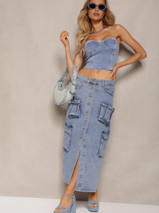 Zdjęcie produktu Niebieska Casualowa Jeansowa Spódnica High Waist Ozdobiona z Przodu Guzikami i Kieszeniami z Klapami Teriara Milas91