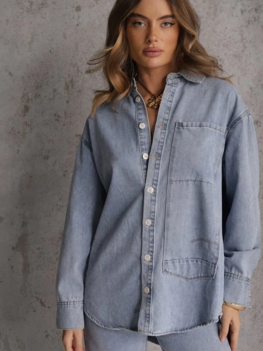 Zdjęcie produktu Niebieska Jeansowa Koszula z Bawełną z Przeszyciami Nekki Milas91