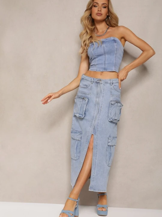 Zdjęcie produktu Niebieska Jeansowa Spódnica Regular Waist z Kieszeniami z Napami i Rozcięciem Alicella Milas91