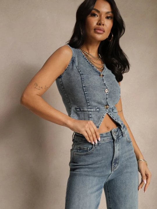 Zdjęcie produktu Niebieska Kamizelka Jeansowa z Bawełną Ozdobiona Imitacją Kieszeni Mailirisa J&x