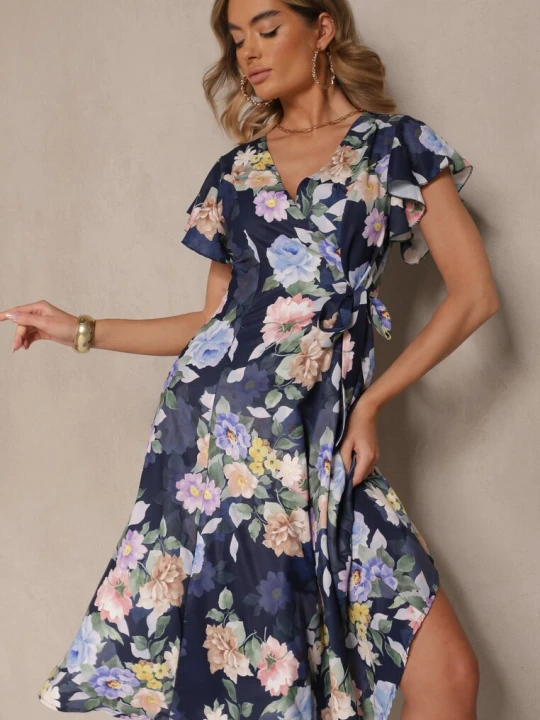 Zdjęcie produktu Niebieska Kopertowa Sukienka w Kwiaty Atesalia Lovery