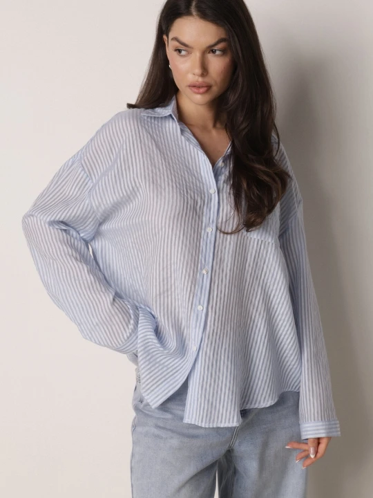 Zdjęcie produktu Niebieska Koszula o Kroju Oversize z Tencelu w Paski Ozdobiona Haftem Tidine Melya By Melody