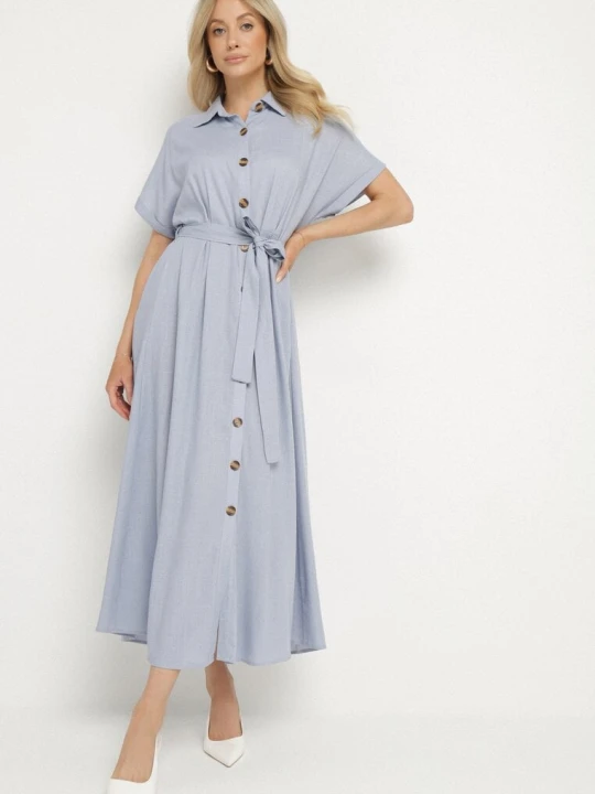 Zdjęcie produktu Niebieska Koszulowa Sukienka z Lnem Wiskozą i Paskiem Lenaviel M&d Fashion