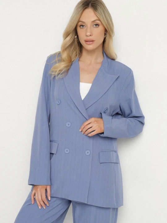 Zdjęcie produktu Niebieska Marynarka Dwurzędowa z Wiskozą i Usztywnianymi Ramionami Elliovae New Collection
