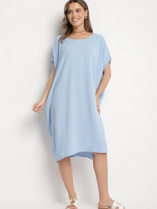 Zdjęcie produktu Niebieska Mini Sukienka z Krótkim Rękawem o Fasonie Nietoperza Kharson New Collection