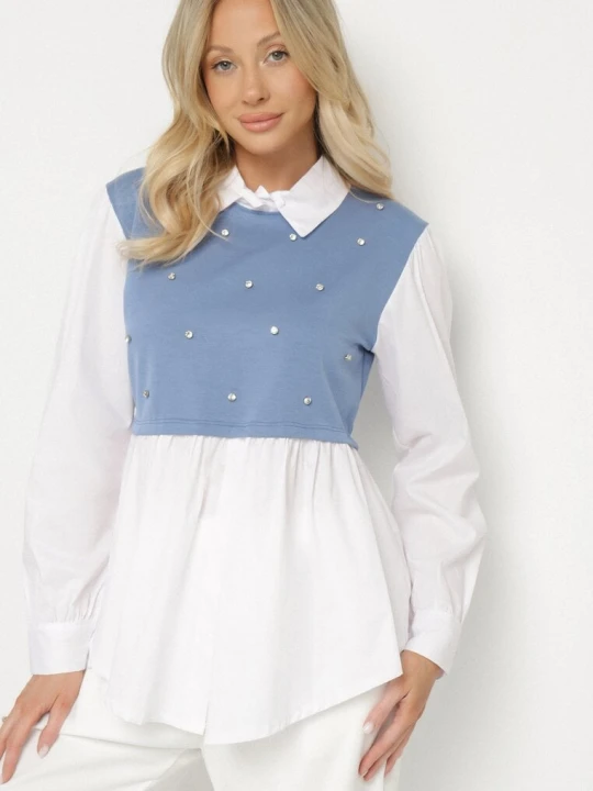 Zdjęcie produktu Niebieska Rozkloszowana Bluzka Koszulowa z Wiskozą z Wszytą Kamizelką z Cyrkoniami Uliaviela Pretty