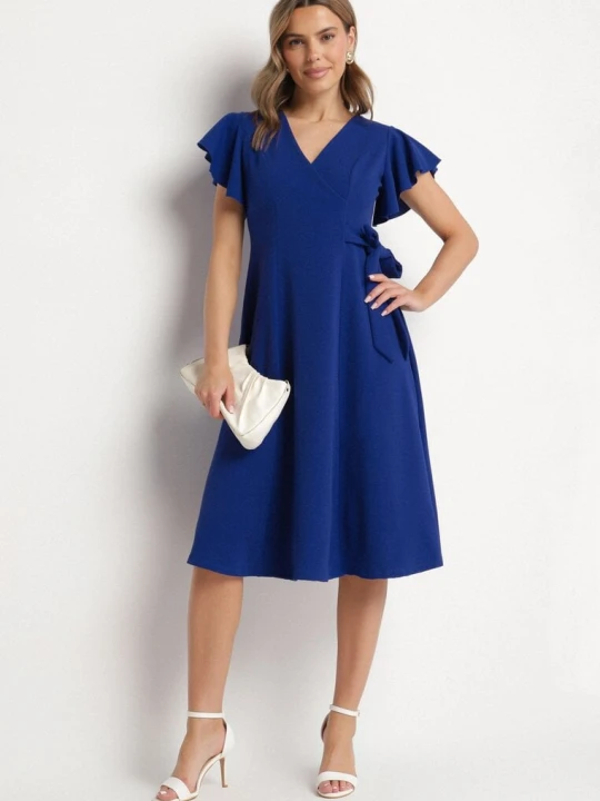 Zdjęcie produktu Niebieska Rozkloszowana Sukienka Kopertowa z Wiązaniem w Talii Dannila New Collection