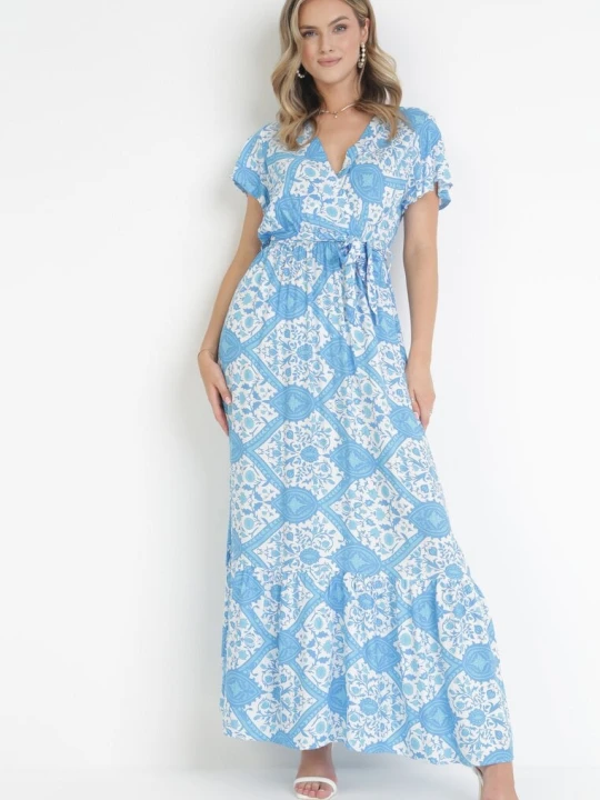Zdjęcie produktu Niebieska Rozkloszowana Sukienka Maxi z Wiązanym Paskiem Aziza Rosa