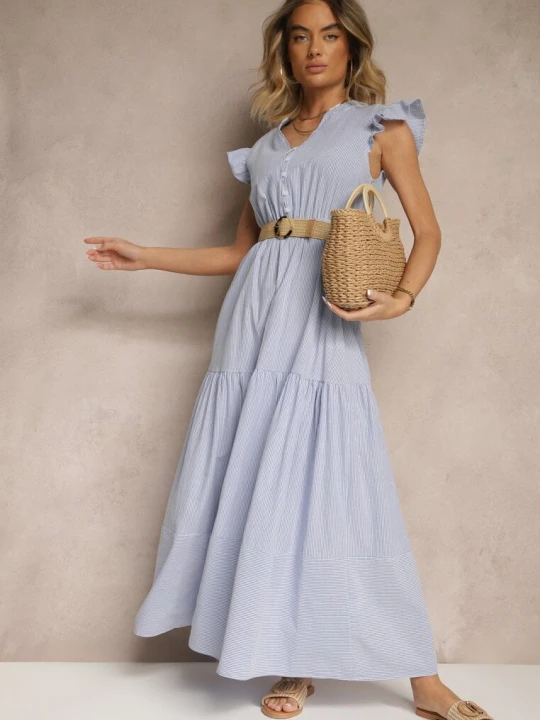 Zdjęcie produktu Niebieska Rozkloszowana Sukienka z Bawełny w Stylu Boho z Paskiem z Klamrą Iffarisa Rosa