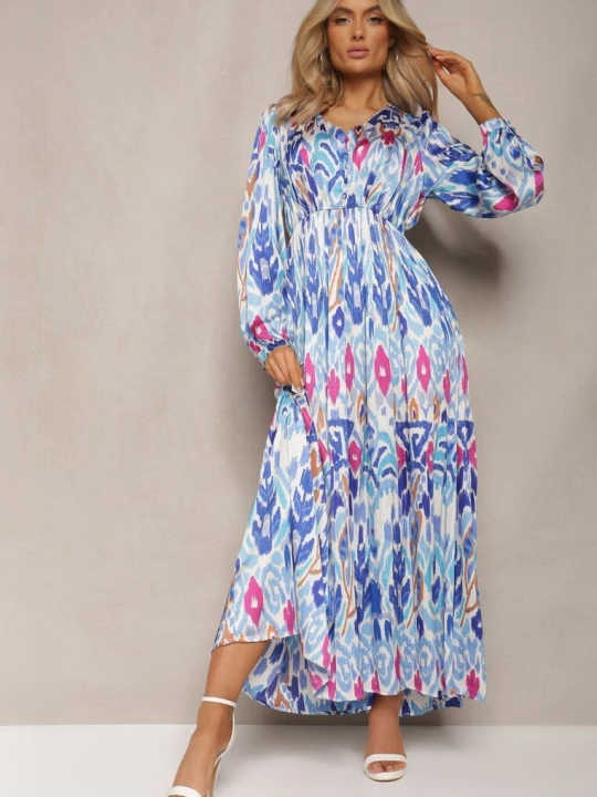 Zdjęcie produktu Niebieska Rozkloszowana Sukienka z Elastyczną Gumką w Talii w Stylu Boho Mizza Belcci