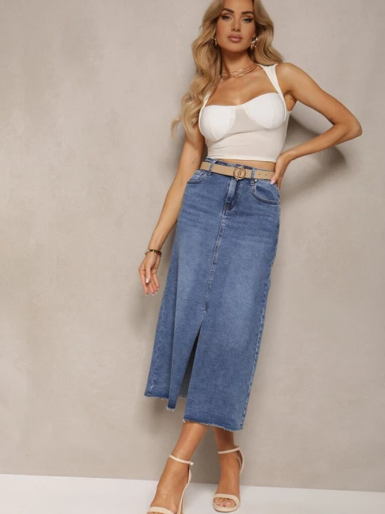 Zdjęcie produktu Niebieska Spódnica Maxi z Rozcięciem z Jeansu Vonuline Hello Miss