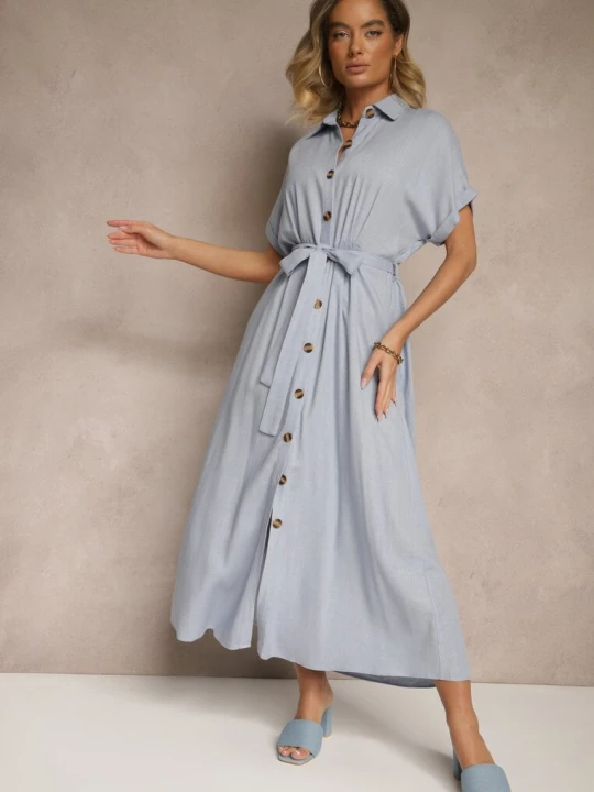 Zdjęcie produktu Niebieska Sukienka Koszulowa z Wiskozą i Lnem Ozdobiona Paskiem Lunie M&d Fashion