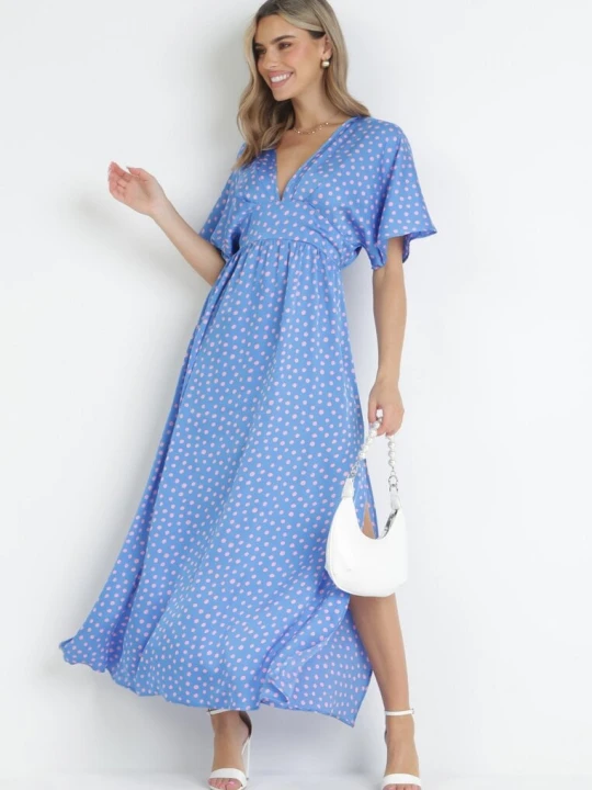 Zdjęcie produktu Niebieska Sukienka Maxi w Kropki z Gumką w Pasie i Rozcięciami Crasses Retro & Icone
