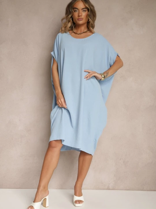 Zdjęcie produktu Niebieska Sukienka Mini o Fasonie Nietoperza z Okrągłym Dekoltem Maglia New Collection