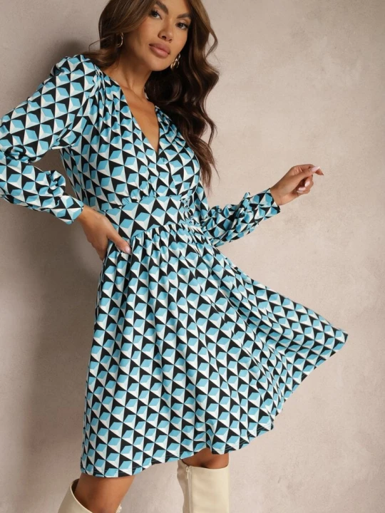 Zdjęcie produktu Niebieska Sukienka Mini w Geometryczny Wzór z Długim Rękawem Ezrie By Swan