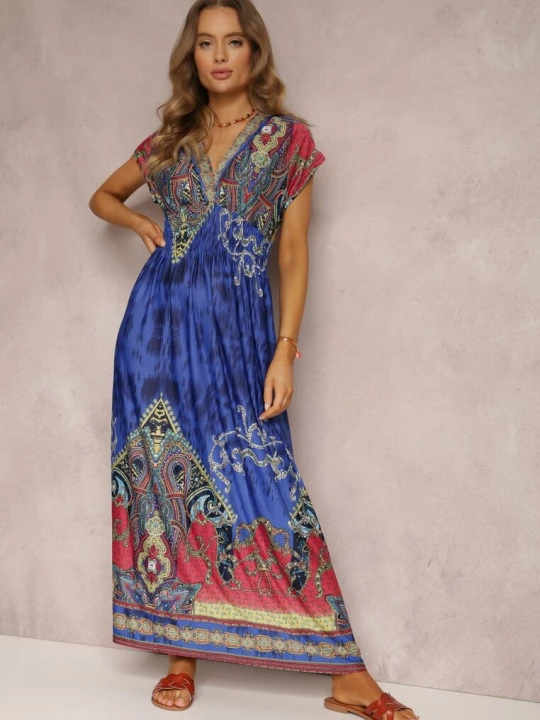 Zdjęcie produktu Niebieska Sukienka o Kopertowym Kroju w Ornamentalny Print Nalori J&x