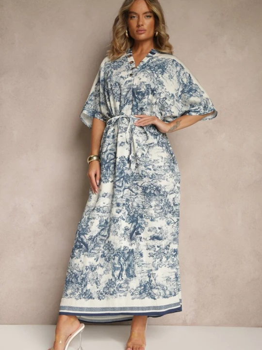 Zdjęcie produktu Niebieska Sukienka Oversize z Wiskozą i Abstrakcyjnym Motywem Lunisana J&x