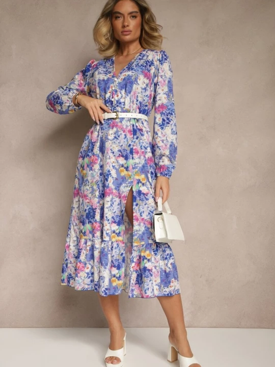 Zdjęcie produktu Niebieska Sukienka w Kwiatowy Print o Rozkloszowanym Kroju z Dekoltem w Serek Janellia Pretty