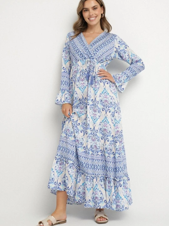 Zdjęcie produktu Niebieska Sukienka w Stylu Boho z Kopertowym Dekoltem z Bawełny i Wiskozy Soderia M&d Fashion