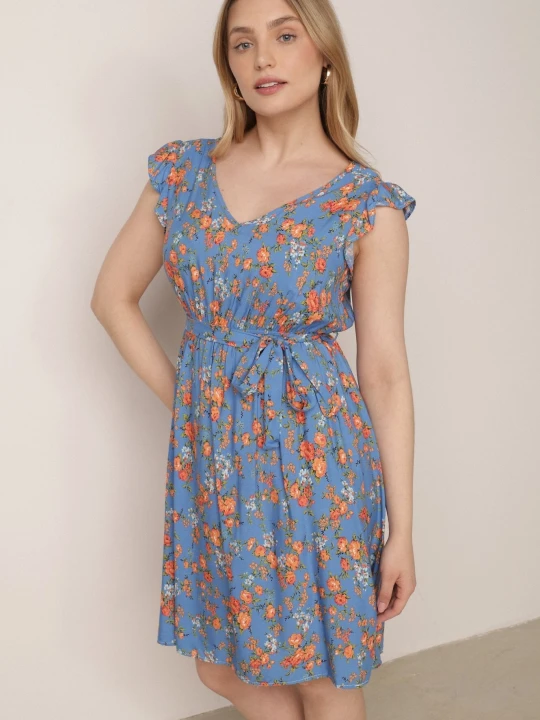 Zdjęcie produktu Niebieska Sukienka z Gumką w Pasie z Wiskozy w Kwiaty Chrysa Cflo