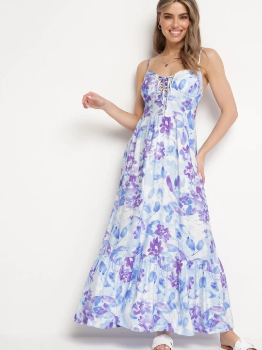 Zdjęcie produktu Niebieska Sukienka z Wiskozy i Bawełny Rozkloszowana w Kwiatowy Print z Ozdobnym Wiązaniem Wiama Rosse Line