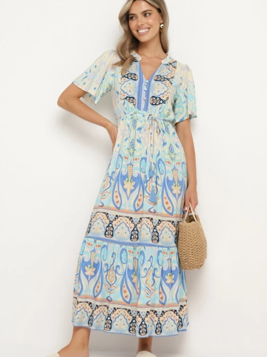 Zdjęcie produktu Niebieska Wiskozowa Sukienka Boho Zapinana na Guziki z Materiałowym Paskiem w Talii Dimovana Rosse Line