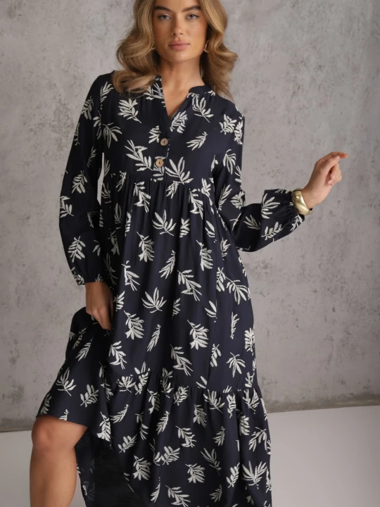 Zdjęcie produktu Niebieska Wiskozowa Sukienka o Rozkloszowanym Kroju z Guzikami przy Dekolcie Seave M&d Fashion