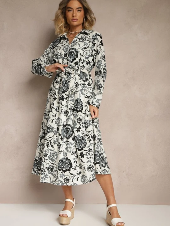 Zdjęcie produktu Niebieska Wiskozowa Sukienka w Kwiatowy Wzór o Koszulowym Kroju z Paskiem Zelkiona M&d Fashion