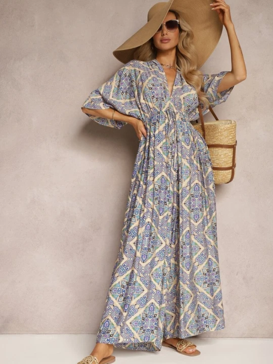 Zdjęcie produktu Niebieski Boho Kombinezon z Wiązaniem na Plecach z Gumką w Pasie i Długimi Nogawkami Sopolia Belcci