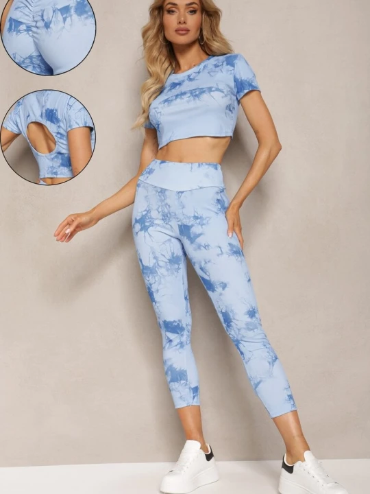 Zdjęcie produktu Niebieski Komplet Sportowy z Printem Tie-Dye z Koszulką Cropped i Legginsami Davenia