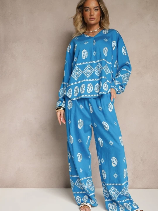Zdjęcie produktu Niebieski Komplet w Stylu Etno Spodnie z Gumką w Pasie i Bluzka Oversize Eviralyn J&x