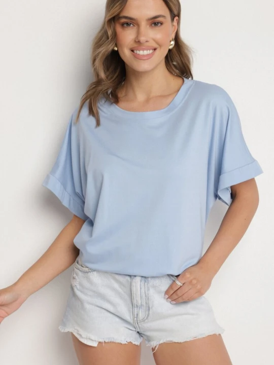 Zdjęcie produktu Niebieski T-shirt z Wiskozą o Kroju Nietoperza Tanariona J Studio