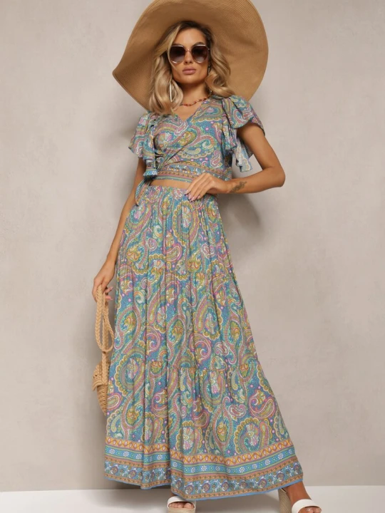 Zdjęcie produktu Niebieski Wiskozowy Komplet 2-Częściowy w Print Paisley Długa Spódnica i Kopertowy Top Aeodosia