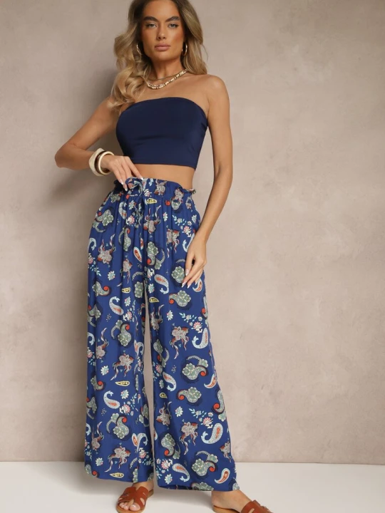 Zdjęcie produktu Niebieskie Bawełniane Spodnie Boho w Stylu Palazzo z Gumką w Pasie i Wysokim Stanem Pravia Airisa Granatowy
