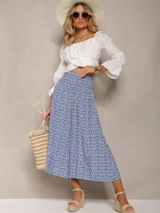 Zdjęcie produktu Niebieskie Bawełniane Spodnie Culottes z Szeroką Gumką w Pasie i Kwiatowym Printem Pellagia Defox