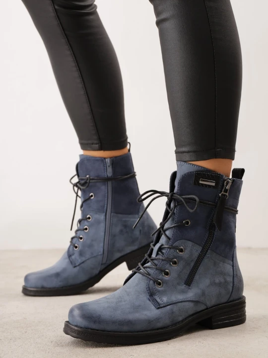 Zdjęcie produktu Niebieskie Botki w Stylu Vintage ze Sznurowaniem Vemlora Lady Glory