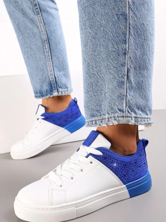 Zdjęcie produktu Biało-Niebieskie Sneakersy Sznurowane na Płaskiej Grubszej Podeszwie z Cyrkoniami Hanuel