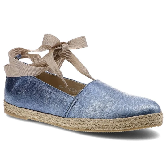 Zdjęcie produktu Espadryle damskie Karino, płaskie z wiązaną kokardą wokół kostki, niebieskie, 2022-058-P