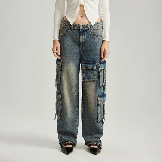 Zdjęcie produktu Niebieskie jeansy baggy fit z kieszeniami cargo acid wash House