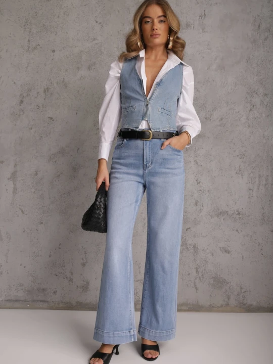 Zdjęcie produktu Niebieskie Jeansy High Waist Wide Leg z Bawełny Grynola Daysie