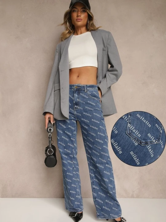 Zdjęcie produktu Niebieskie Jeansy Straight Leg High Waist Zdobione Printem Vilesse Milas91