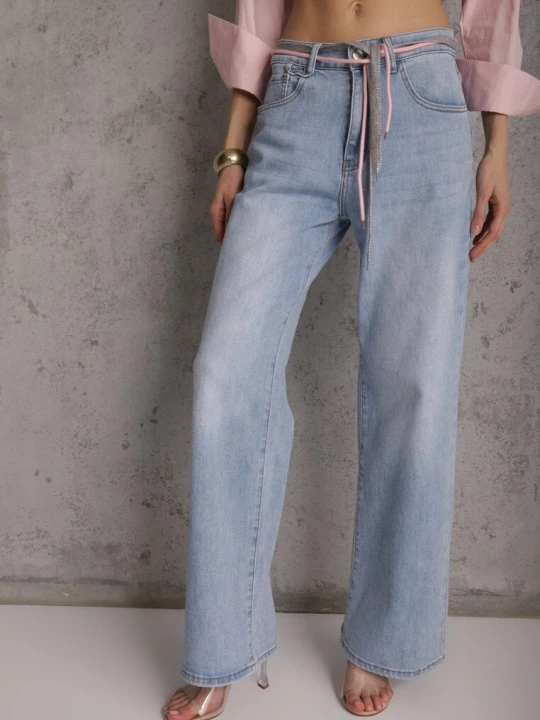 Zdjęcie produktu Niebieskie Jeansy Szerokie z Bawełną High Waist Ozdobione Wiązanym Sznurkiem Neviolla Milas91