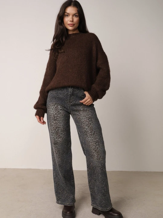 Zdjęcie produktu Niebieskie Jeansy w Panterkę z Bawełną o Szerokim Kroju z Wysokim Stanem Jailnta Milas91