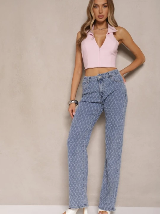 Zdjęcie produktu Niebieskie Jeansy z Bawełny High Waist o Szerokim Kroju w Romby Tuvielle Hello Miss