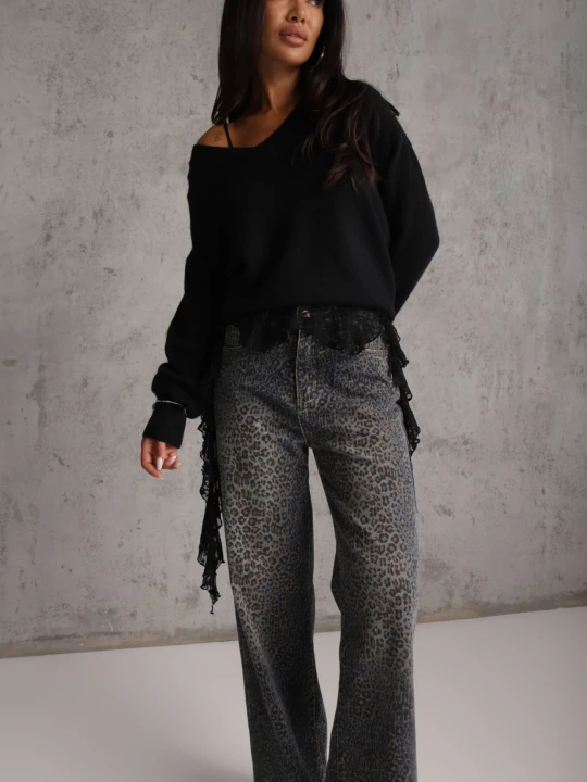 Zdjęcie produktu Niebieskie Panterkowe Jeansy Wide Leg High Waist z Bawełną Fealli Milas91