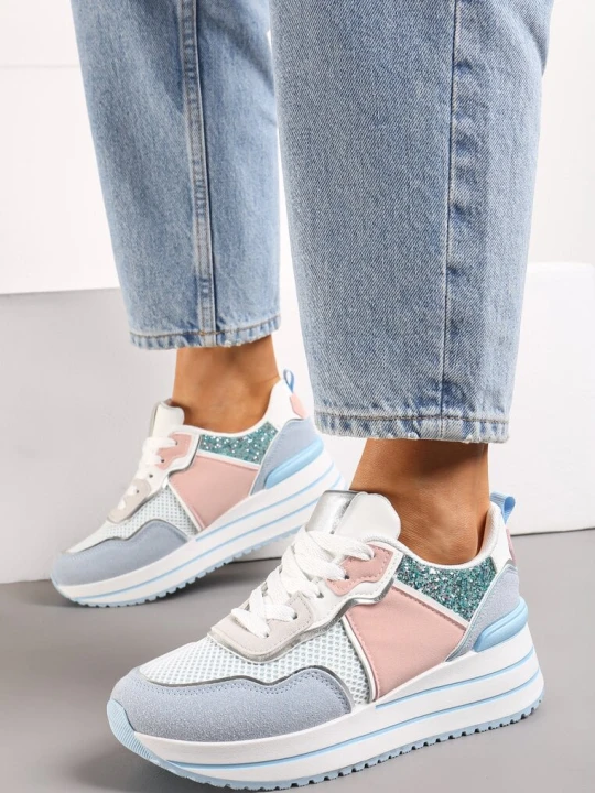 Zdjęcie produktu Niebieskie Sneakersy na Grubej Podeszwie Ozdobione Brokatem Petasse