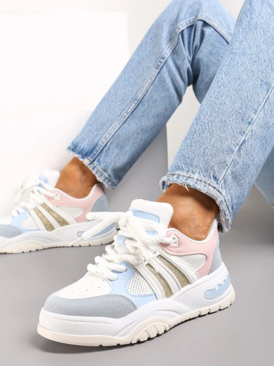 Zdjęcie produktu Biało-Niebieskie Sneakersy na Grubej Podeszwie z Brokatem Lenema